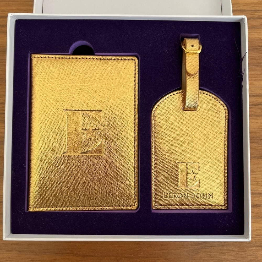 ELTON JOHN Box Set Passport Cover & Luggage Tag Gold Metallic Faux Leather